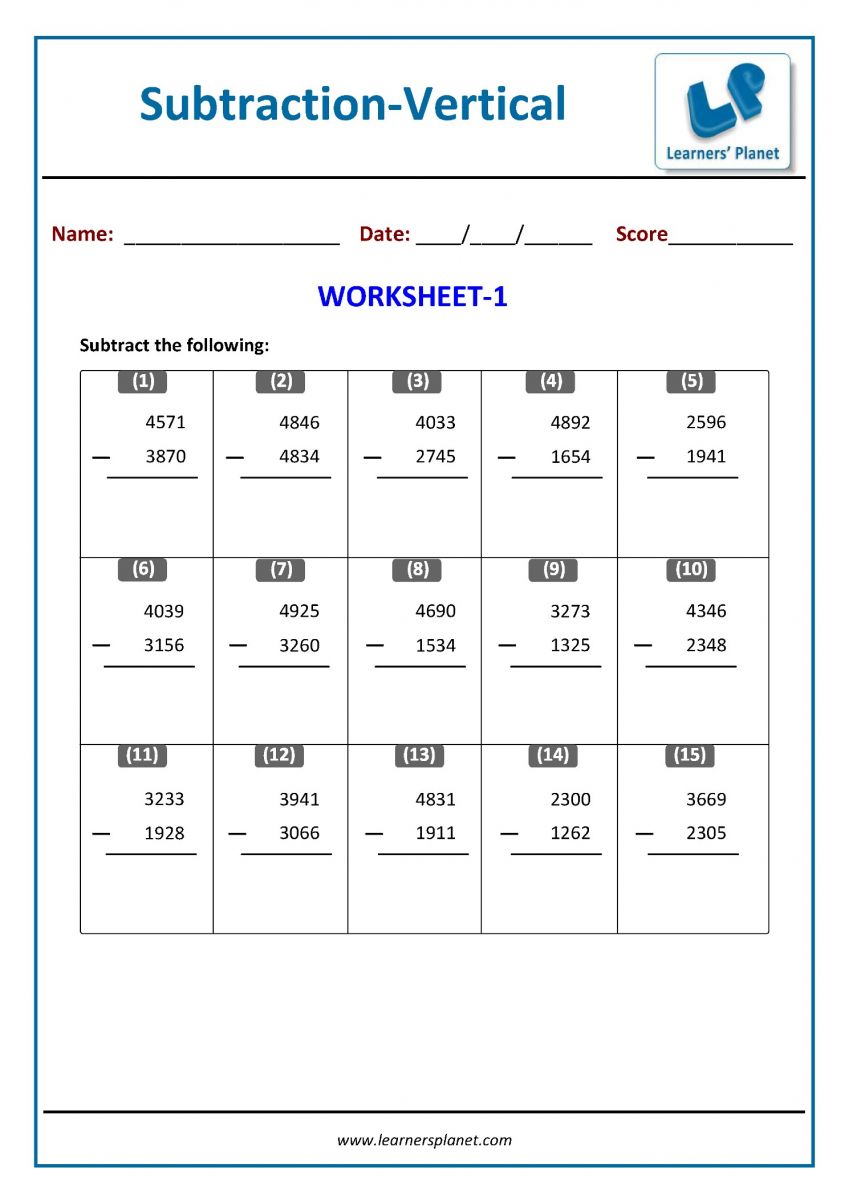 3rd CBSE math vertical format subtraction worksheets