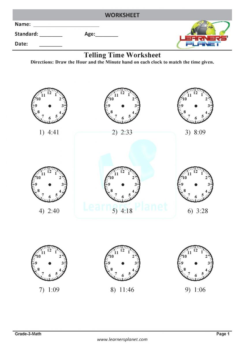 Telling time 3rd grade PDF printable download math activities