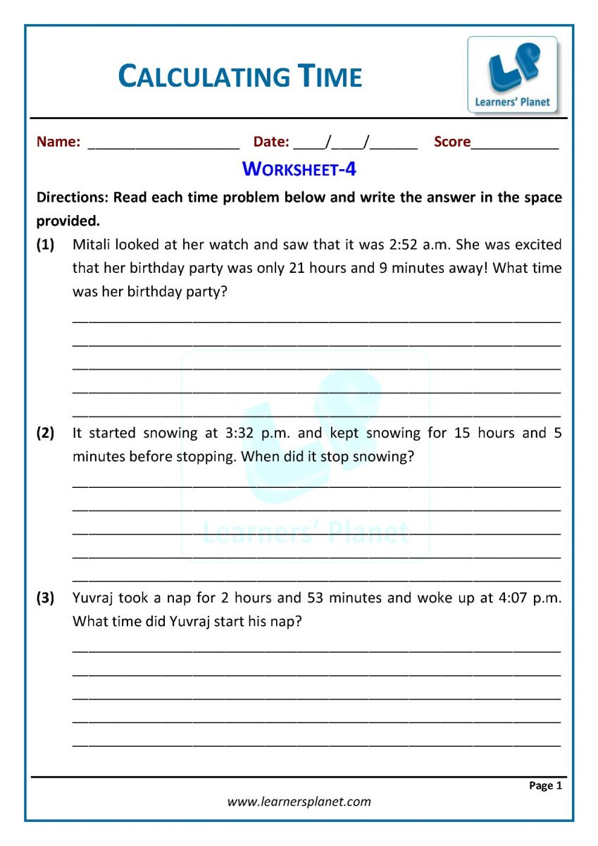 Math worksheets PDF download telling time for class 3