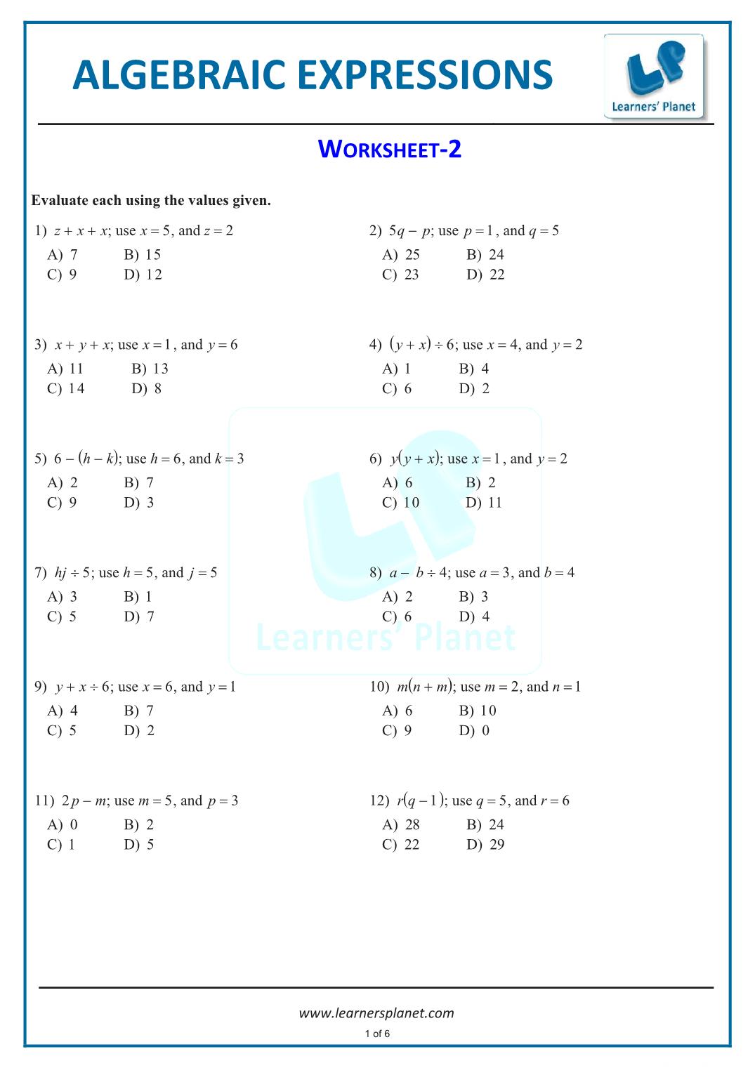 Translating Expressions And Equations Worksheet Within Equivalent Expressions Worksheet 6th Grade