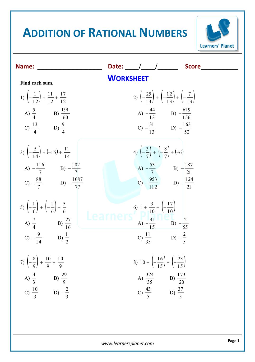 Rational Numbers Class 6 Worksheet