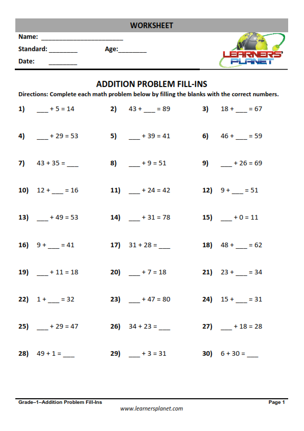 1st Grade math addition printable worksheets online