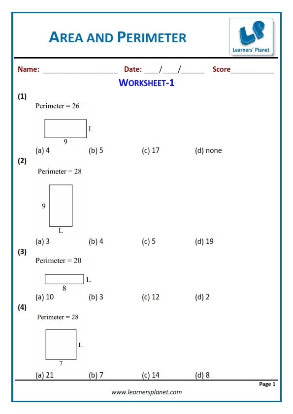 Area and perimeter worksheets for class 5 maths