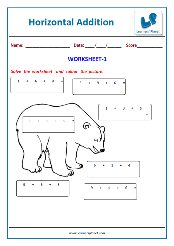 Horizontal addition math class 1 worksheets