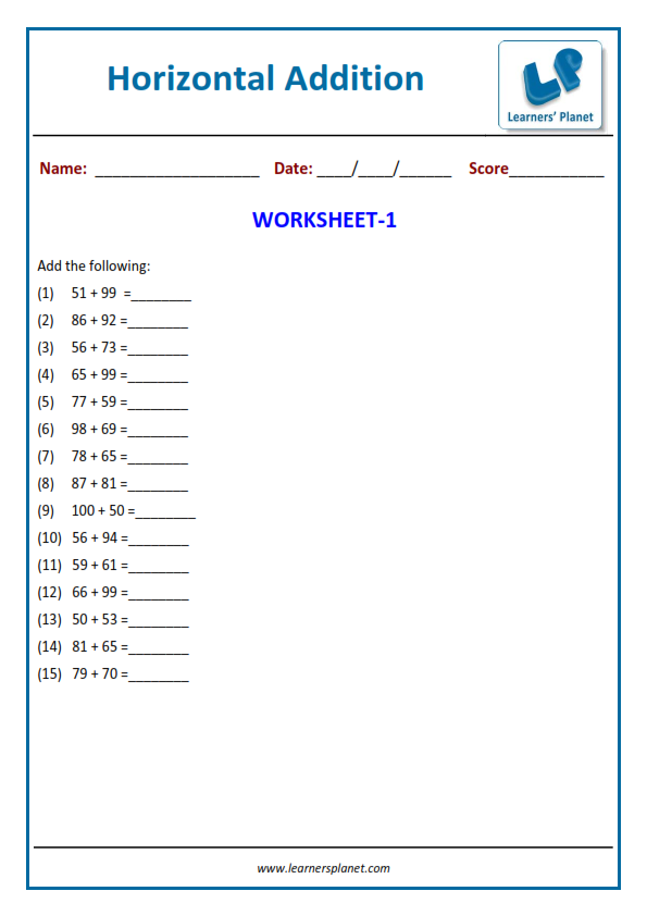 Math horizontal addition worksheets grade 1
