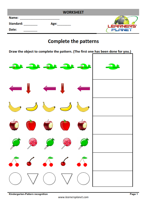 Math online study worksheets on patterns for kids