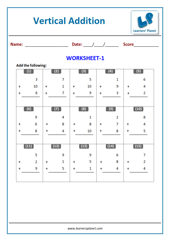 Math class 1 addition worksheets 3-digits