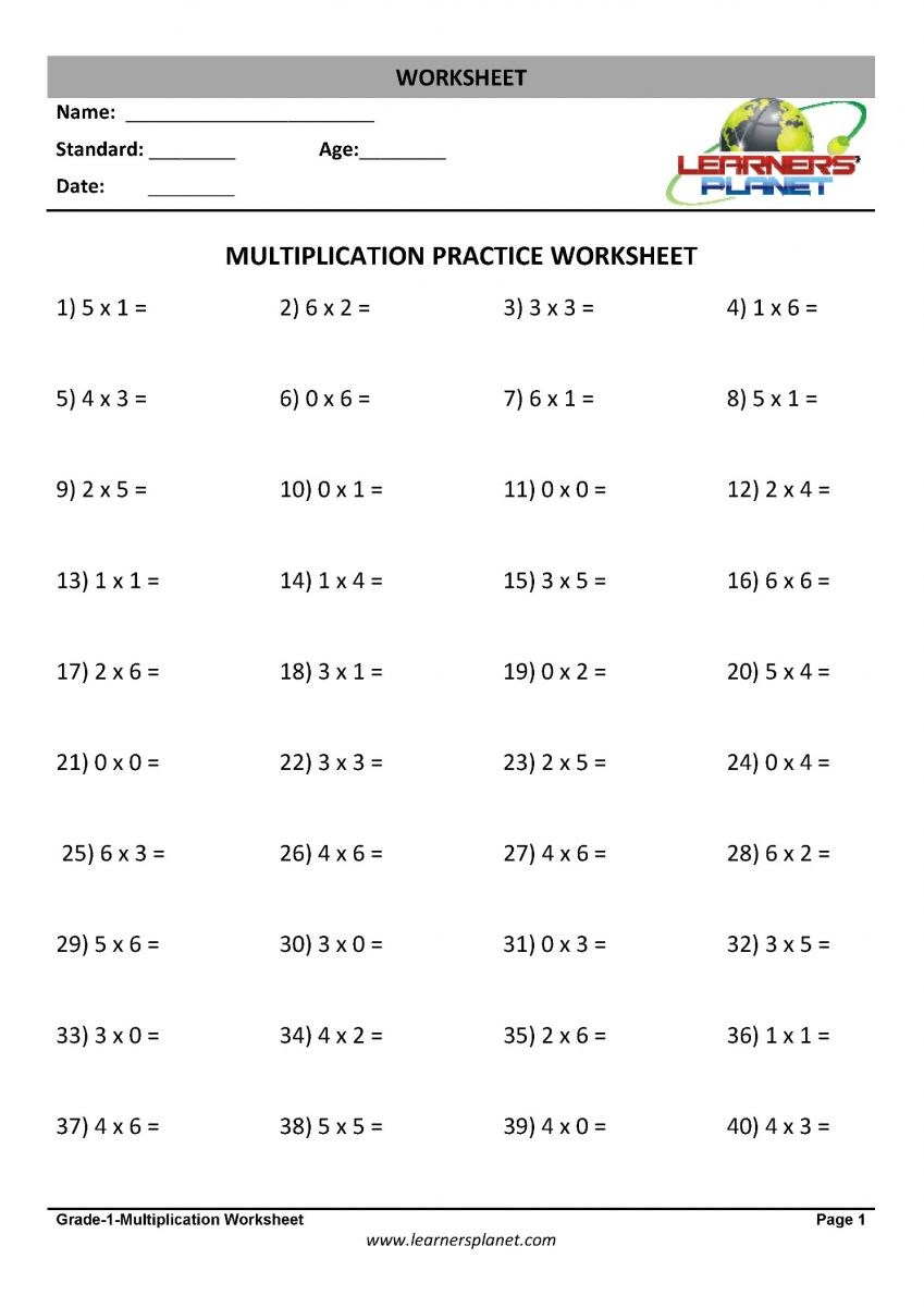 Multiplication class 1 math printable worksheets