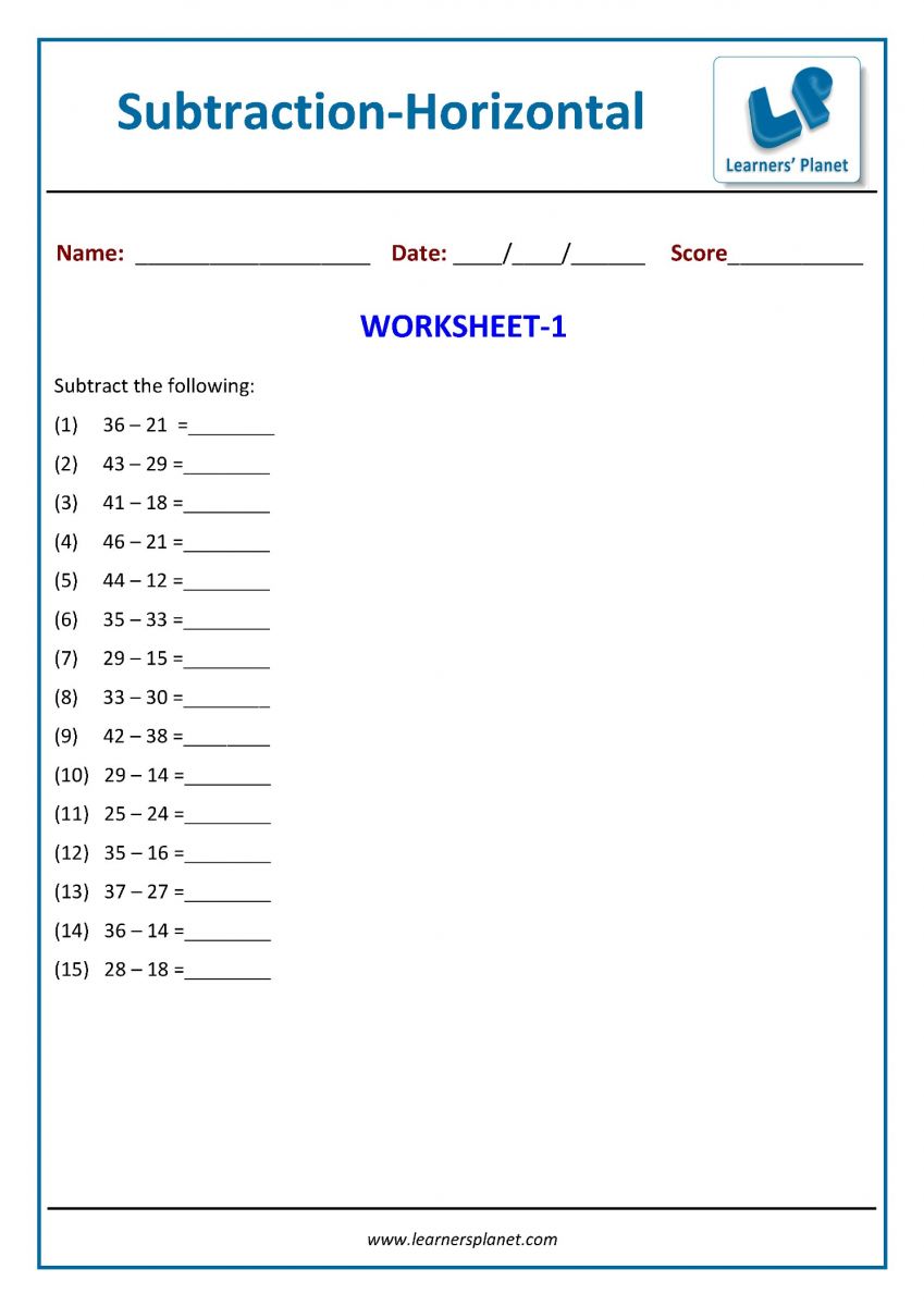 PDF math worksheets subtraction for class 1