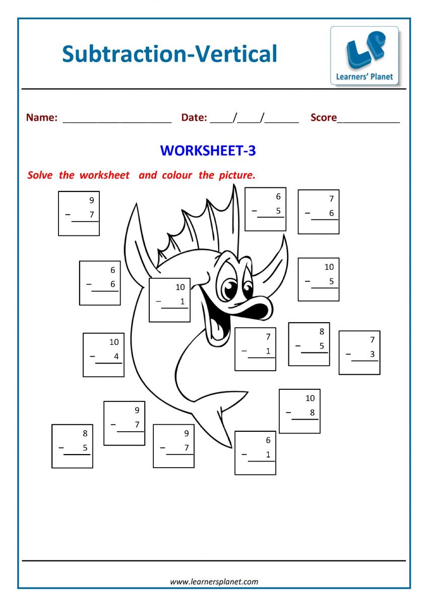 class 1 printable PDF worksheets for subtraction