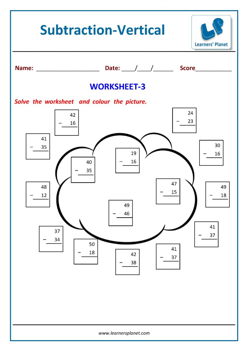 subtraction math printable worksheets for class 1
