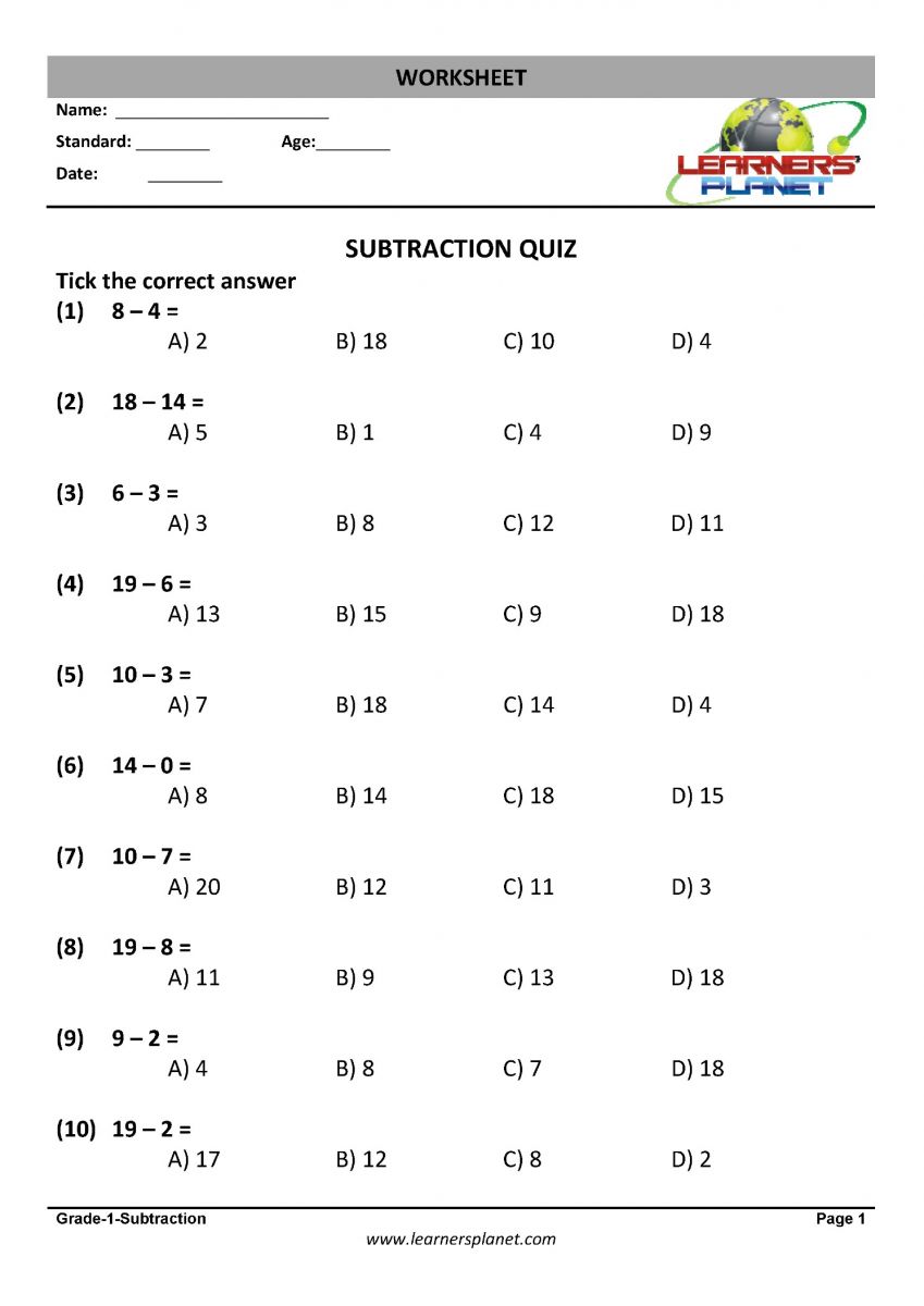 Subtraction worksheets, workbooks for class 1 students study material