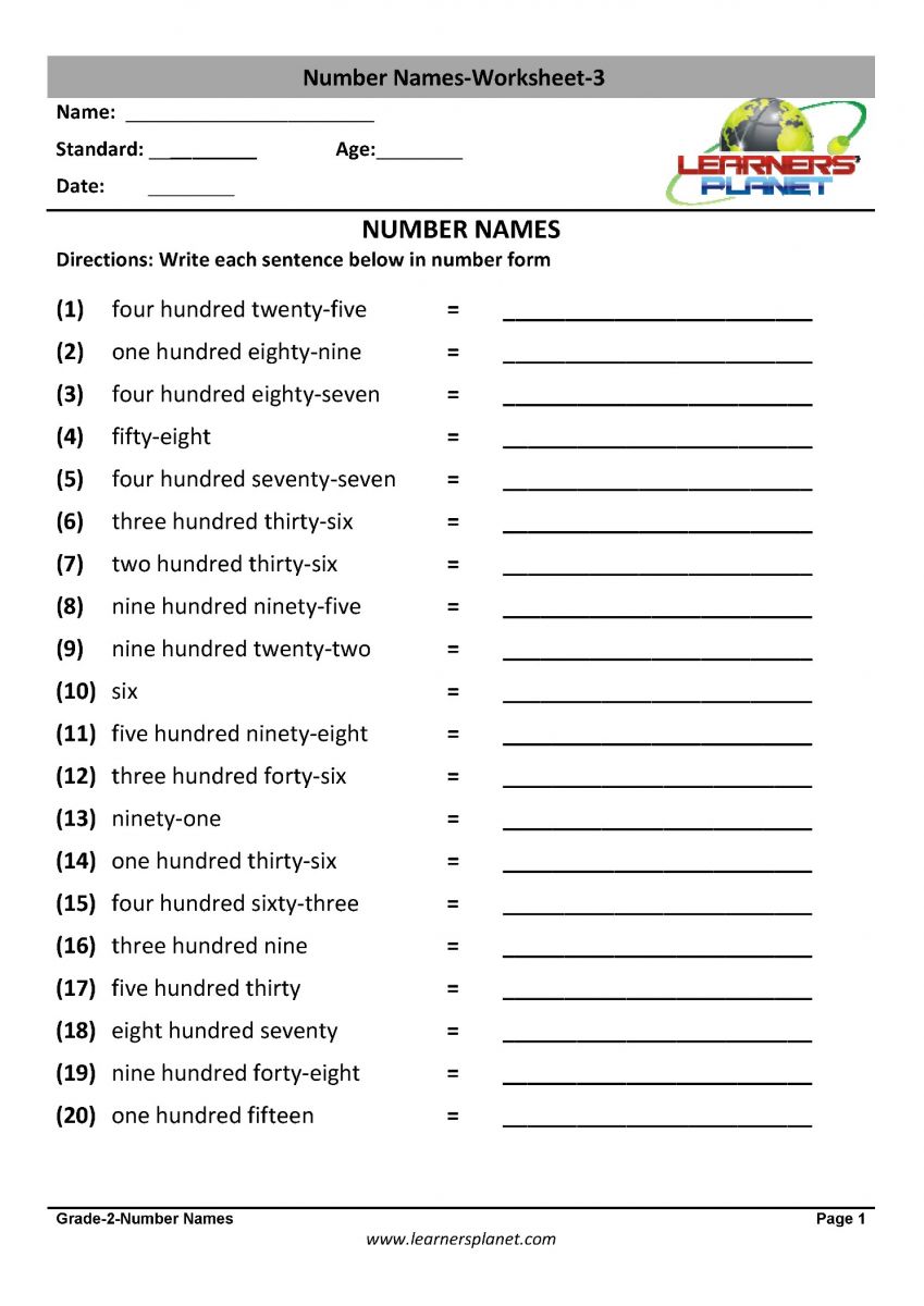 Maths worksheets download class 2 number system