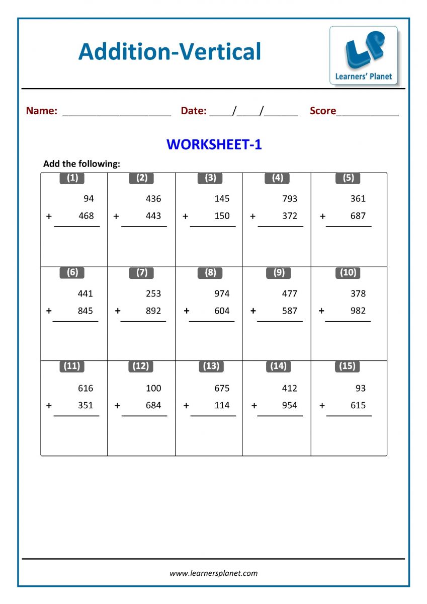printable PDF 3rd grade math worksheets vertical addition
