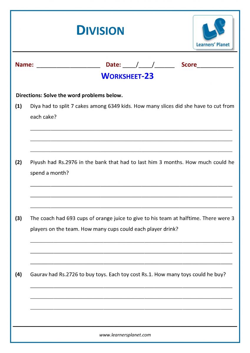 Division word problems Download worksheets PDF for class 3 math