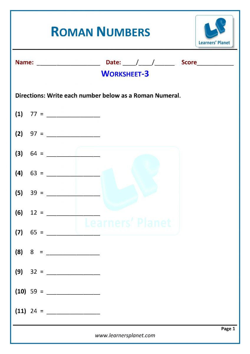 3rd grade math writing roman numerals worksheets PDF