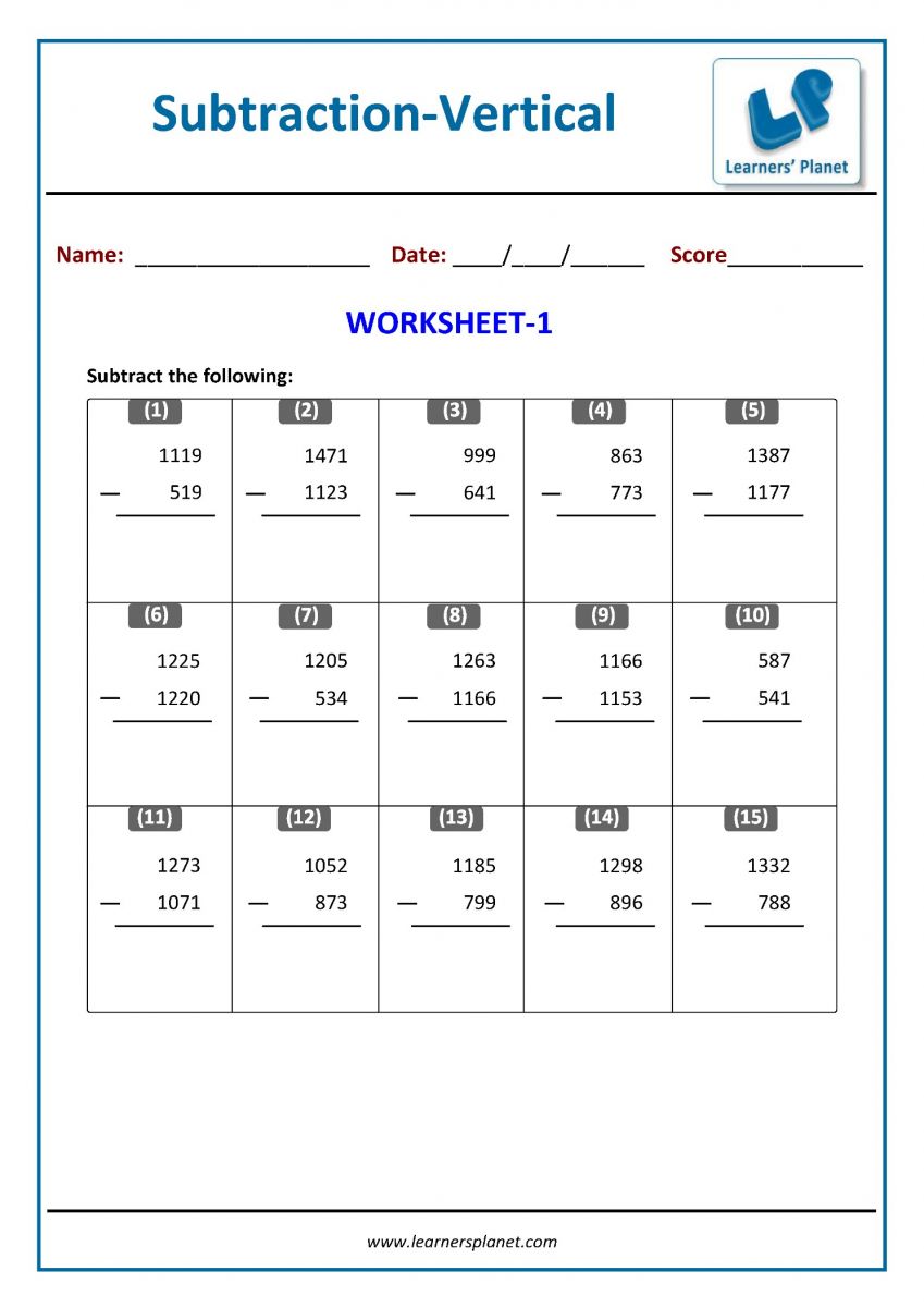 Download PDF subtraction worksheets online for class 3